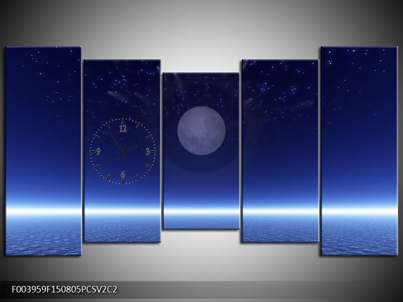 Klok schilderij Maan | Blauw, Wit, Grijs | 150x80cm 5Luik