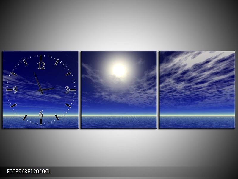 Klok schilderij Zee | Blauw, Wit | 120x40cm 3Luik