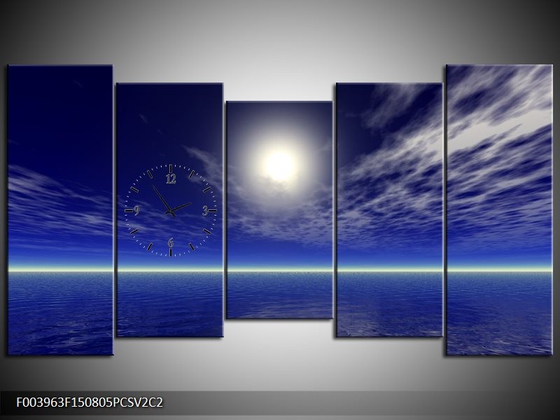 Klok schilderij Zee | Blauw, Wit | 150x80cm 5Luik