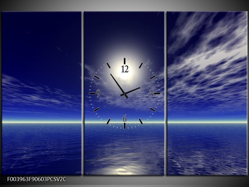 Klok schilderij Zee | Blauw, Wit | 90x60cm 3Luik