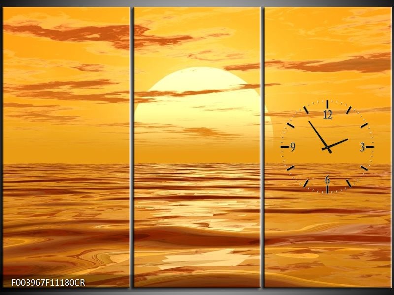 Klok schilderij Zonsondergang | Geel, Oranje, Bruin | 111x80cm 3Luik