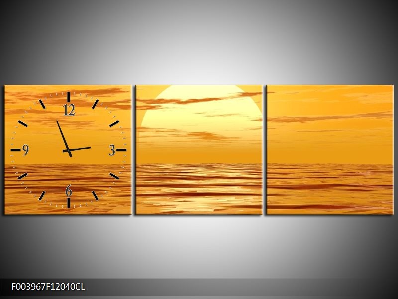 Klok schilderij Zonsondergang | Geel, Oranje, Bruin | 120x40cm 3Luik