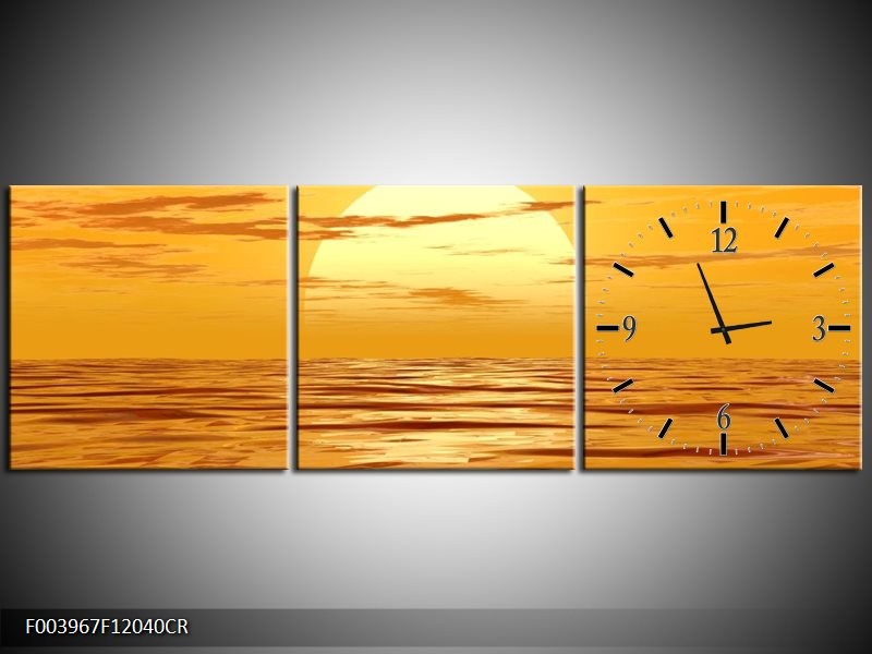 Klok schilderij Zonsondergang | Geel, Oranje, Bruin | 120x40cm 3Luik