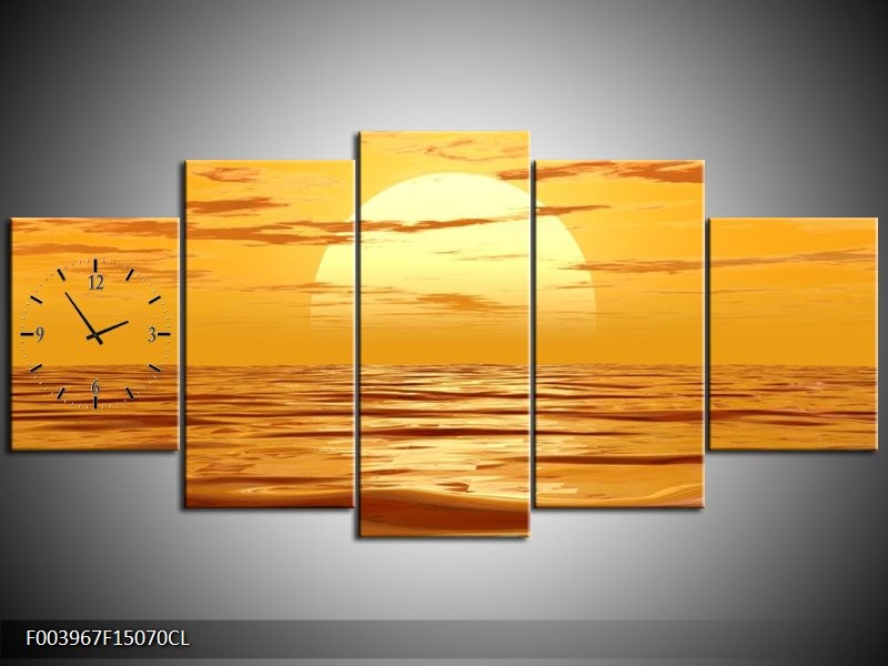 Klok schilderij Zonsondergang | Geel, Oranje, Bruin | 150x70cm 5Luik