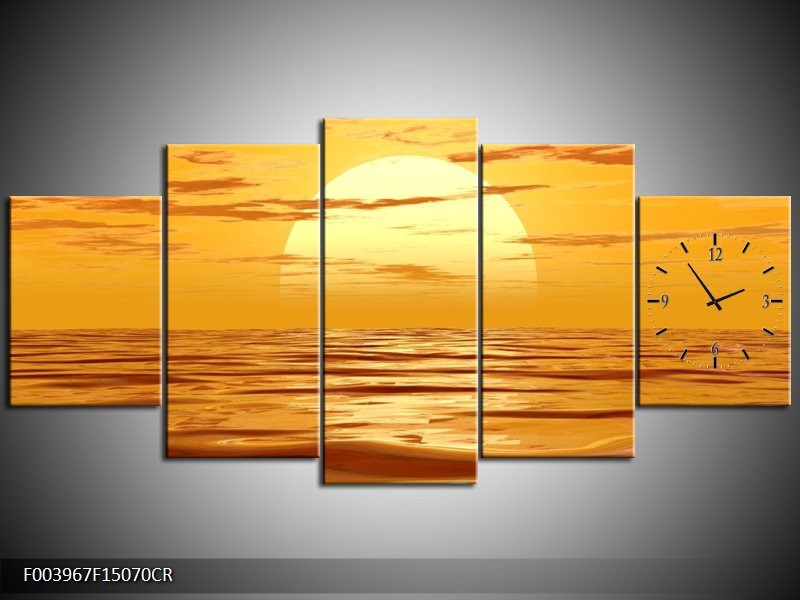 Klok schilderij Zonsondergang | Geel, Oranje, Bruin | 150x70cm 5Luik