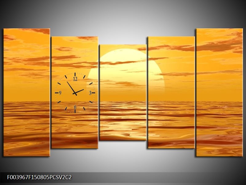 Klok schilderij Zonsondergang | Geel, Oranje, Bruin | 150x80cm 5Luik