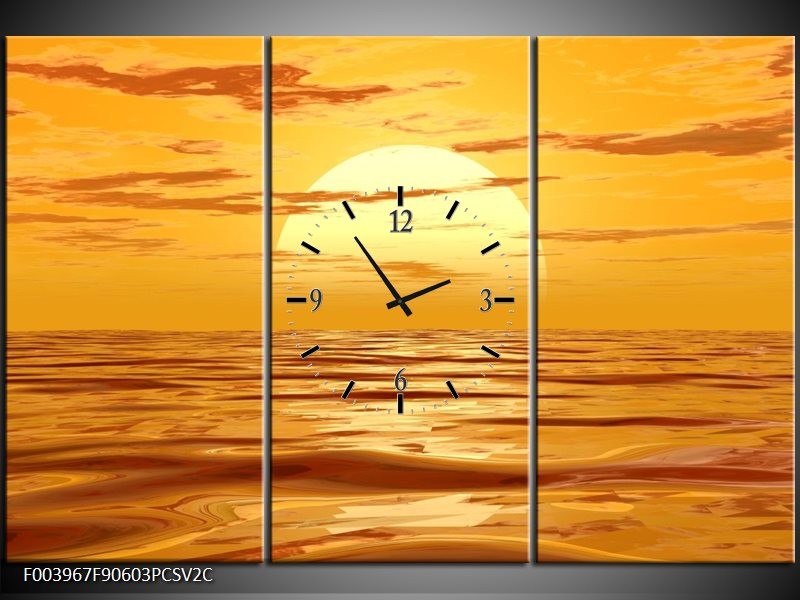 Klok schilderij Zonsondergang | Geel, Oranje, Bruin | 90x60cm 3Luik