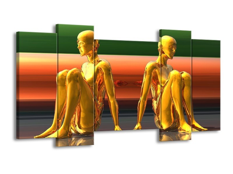 Canvas schilderij Abstract | Goud, Groen, Rood | 120x65 5Luik