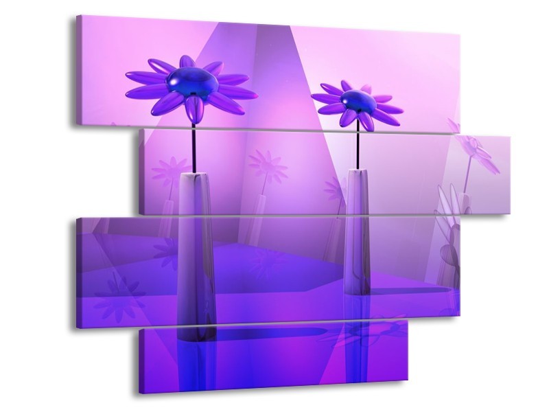 Canvas schilderij Bloem | Blauw, Paars, Wit | 115x85cm 4Luik