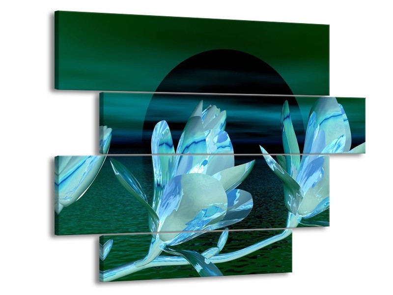 Canvas schilderij Bloem | Groen, Grijs, Zwart | 115x85cm 4Luik