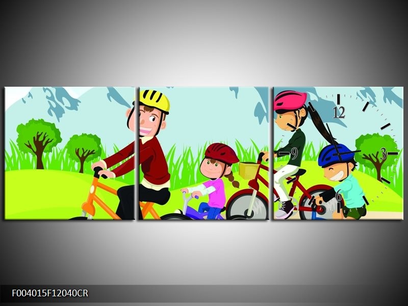 Klok schilderij Fietsen | Groen, Roze, Oranje | 120x40cm 3Luik