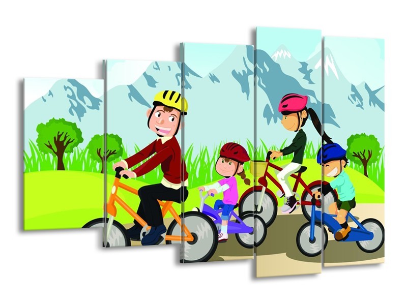 Canvas schilderij Fietsen | Groen, Roze, Oranje | 150x100cm 5Luik