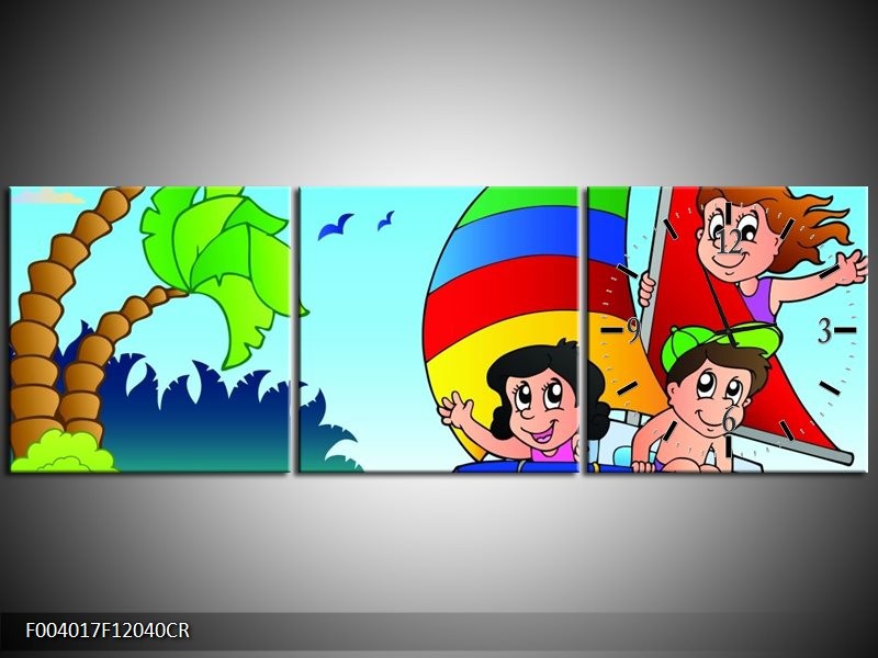 Klok schilderij Boot | Blauw, Rood, Groen | 120x40cm 3Luik