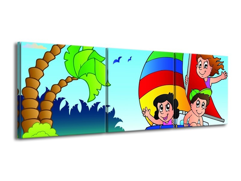 Canvas schilderij Boot | Blauw, Rood, Groen | 150x50cm 3Luik