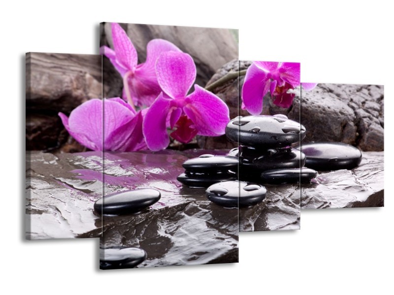 Canvas schilderij Orchidee | Zwart, Roze, Grijs | 120x75cm 4Luik