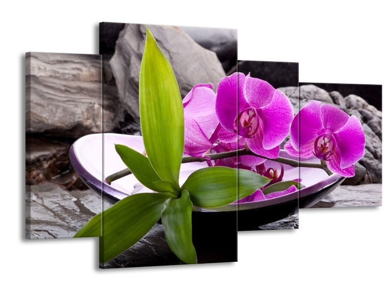 Canvas schilderij Orchidee | Zwart, Roze, Grijs | 120x75cm 4Luik
