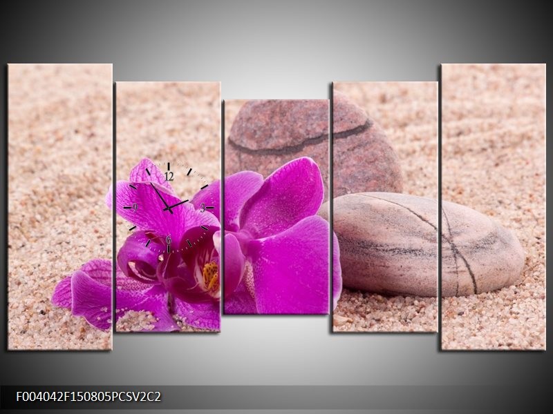Klok schilderij Orchidee | Paars, Geel, Bruin | 150x80cm 5Luik