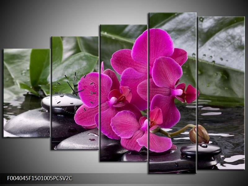 Klok schilderij Orchidee | Groen, Paars, Zwart | 150x100cm 5Luik