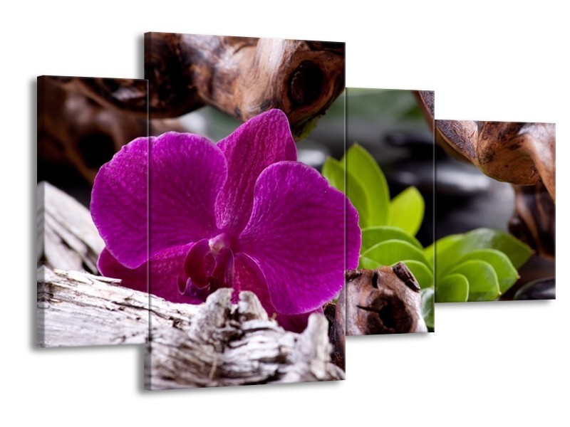 Canvas schilderij Bloem | Paars, Groen, Bruin | 120x75cm 4Luik