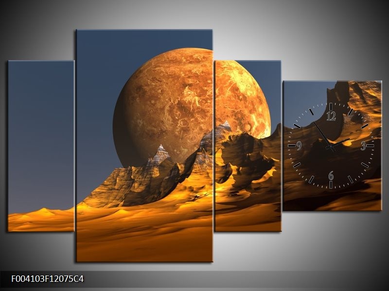 Klok schilderij Maan | Geel, Bruin, Grijs | 120x75cm 4Luik