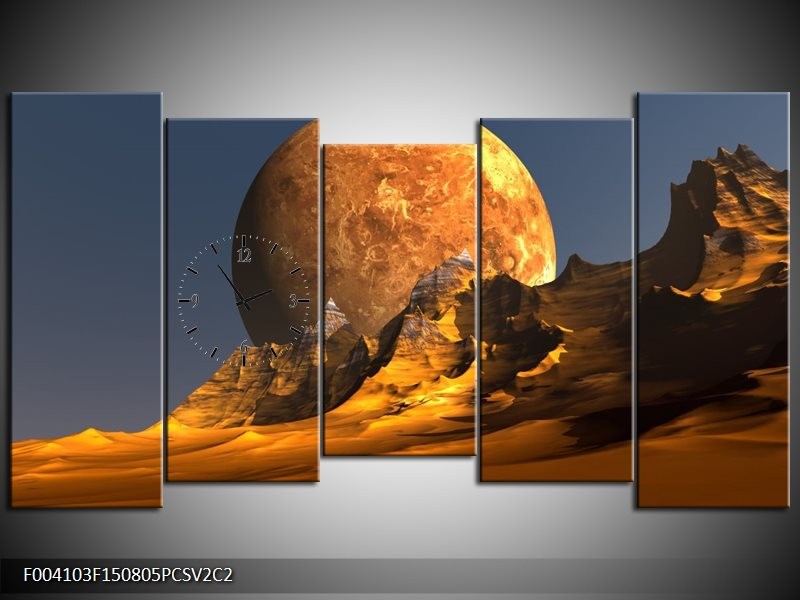 Klok schilderij Maan | Geel, Bruin, Grijs | 150x80cm 5Luik