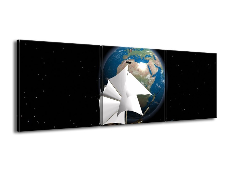 Canvas schilderij Wereld | Blauw, Zwart, Wit | 150x50cm 3Luik