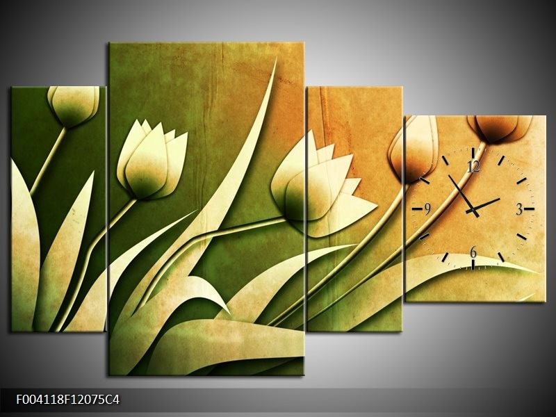 Klok schilderij Tulp | Groen, Geel, Wit | 120x75cm 4Luik