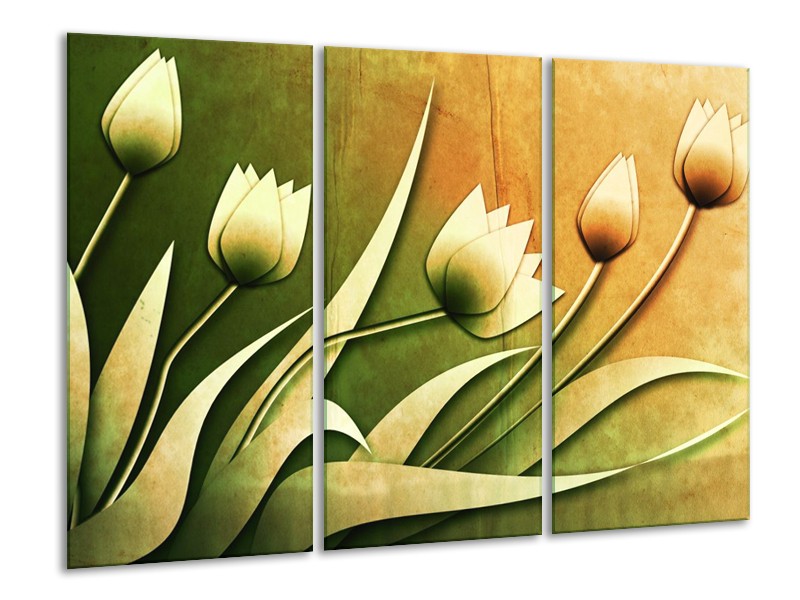 Canvas schilderij Tulp | Groen, Geel, Wit | 120x80cm 3Luik