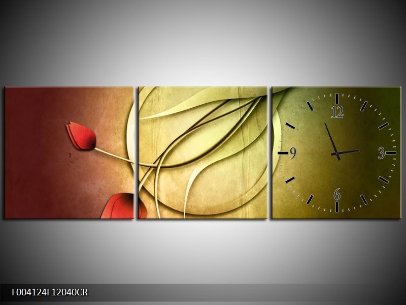 Klok schilderij Tulp | Groen, Rood, Geel | 120x40cm 3Luik