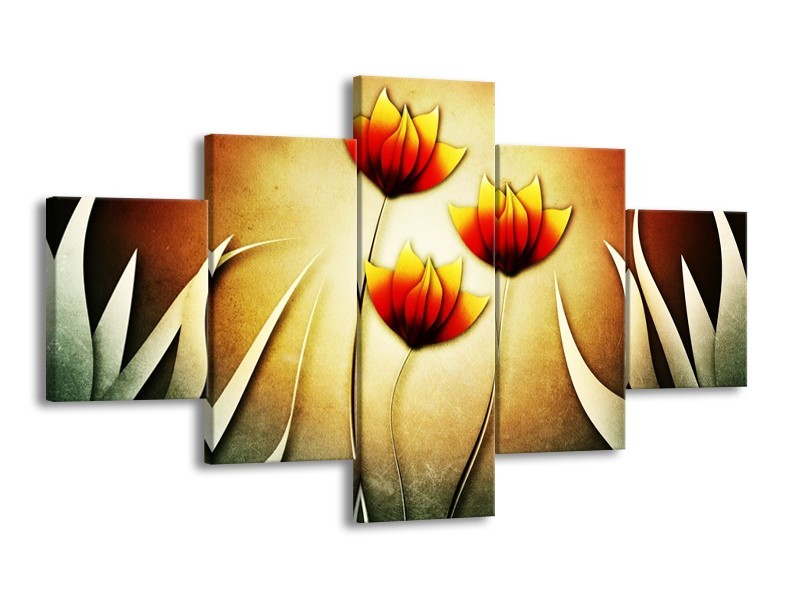 Canvas schilderij Bloem | Groen, Rood, Geel | 125x70cm 5Luik