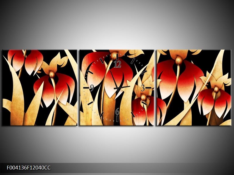 Klok schilderij Bloem | Zwart, Rood, Wit | 120x40cm 3Luik