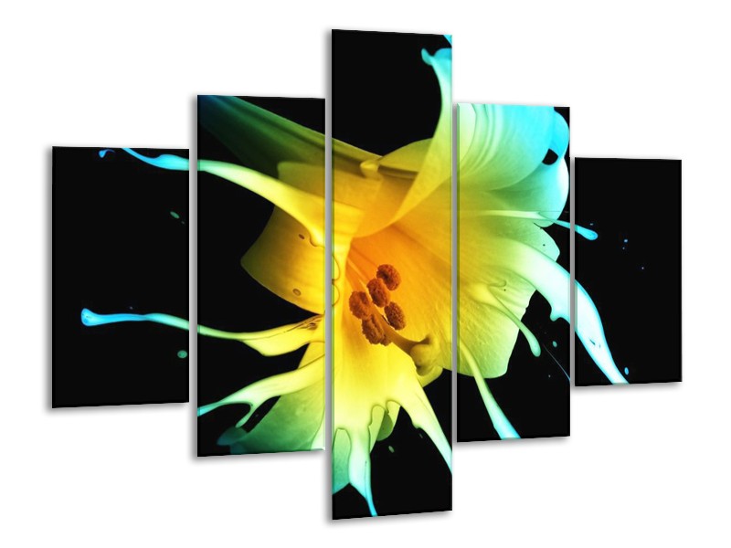 Canvas schilderij Bloem | Zwart, Geel, Blauw | 100x70cm 5Luik