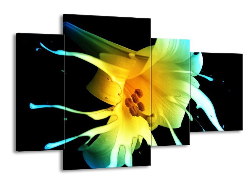 Canvas schilderij Bloem | Zwart, Geel, Blauw | 120x75cm 4Luik