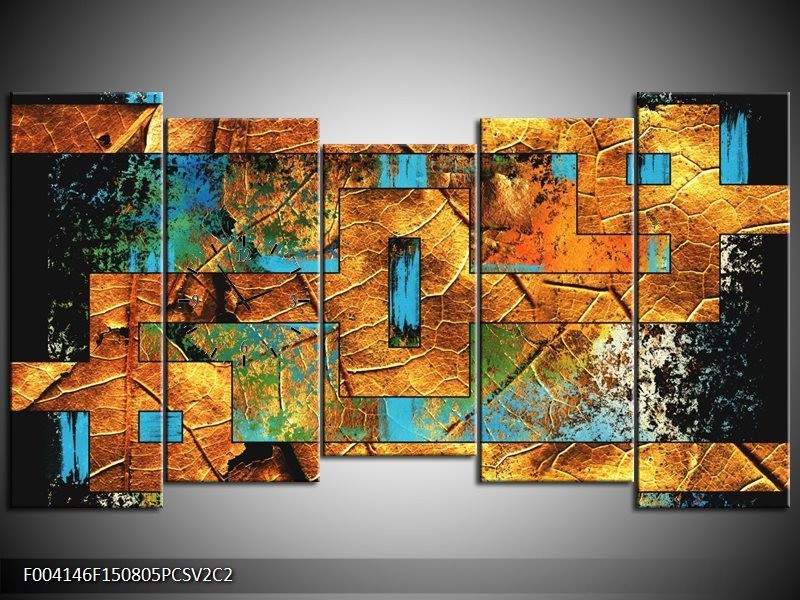 Klok schilderij Abstract | Bruin, Blauw, Geel | 150x80cm 5Luik