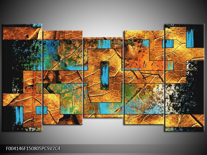 Klok schilderij Abstract | Bruin, Blauw, Geel | 150x80cm 5Luik