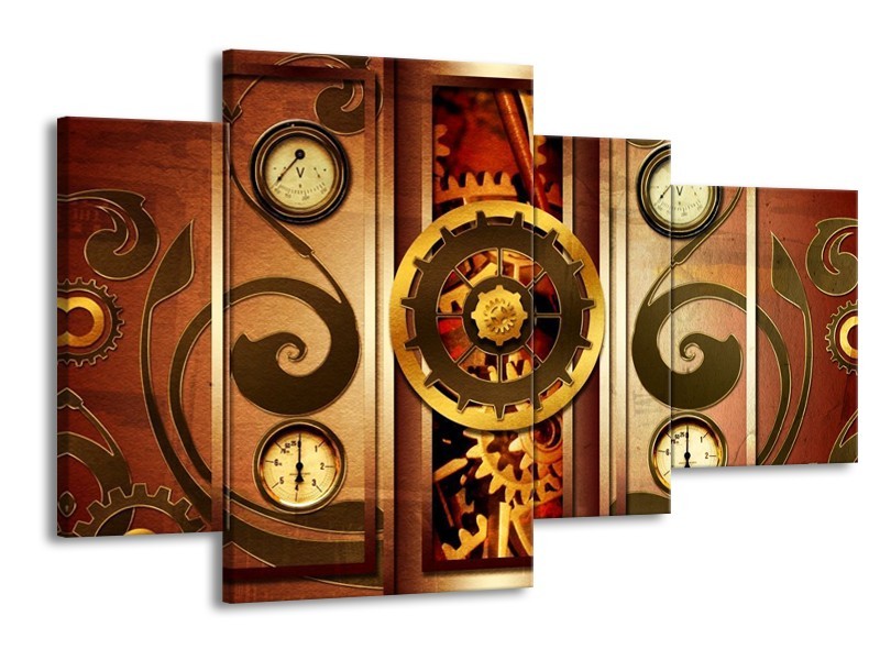 Canvas schilderij Klok | Bruin, Rood, Geel | 120x75cm 4Luik