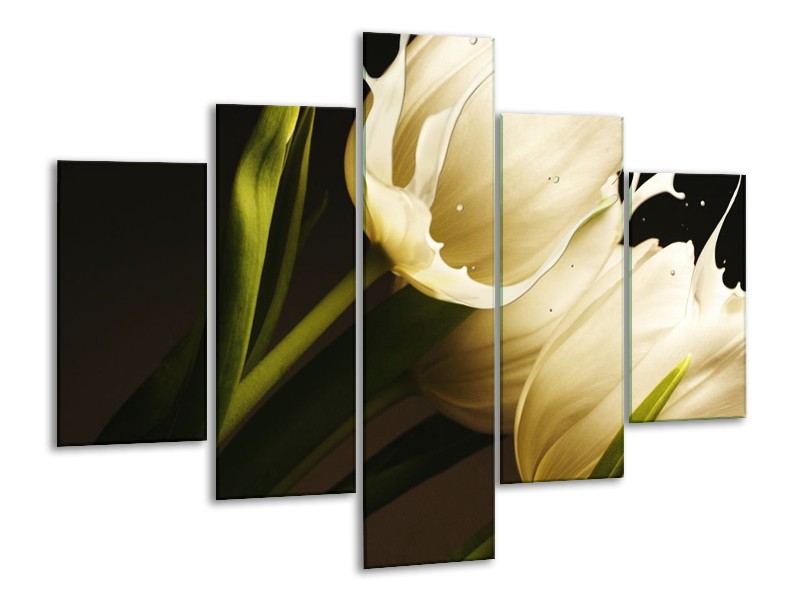 Canvas schilderij Tulp | Wit, Groen, Zwart | 100x70cm 5Luik