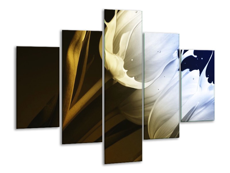 Canvas schilderij Tulp | Wit, Groen, Blauw | 100x70cm 5Luik