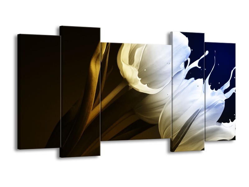 Canvas schilderij Tulp | Wit, Groen, Blauw | 120x65 5Luik