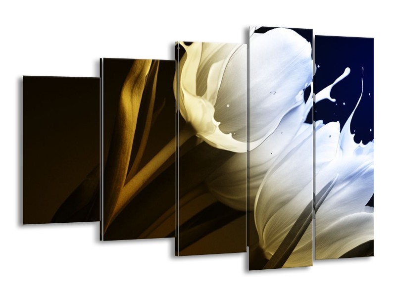 Canvas schilderij Tulp | Wit, Groen, Blauw | 150x100cm 5Luik