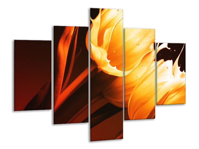 Canvas schilderij Tulp | Geel, Oranje, Bruin | 100x70cm 5Luik