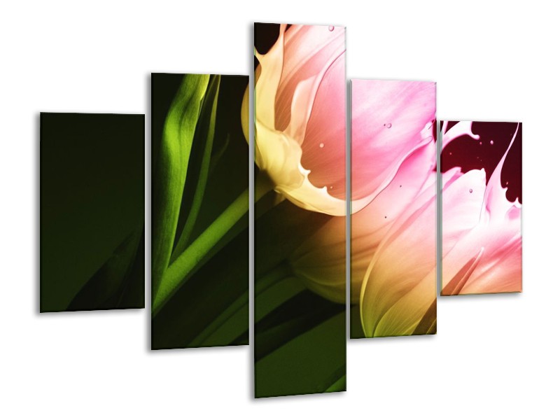 Canvas schilderij Tulp | Groen, Roze, Zwart | 100x70cm 5Luik