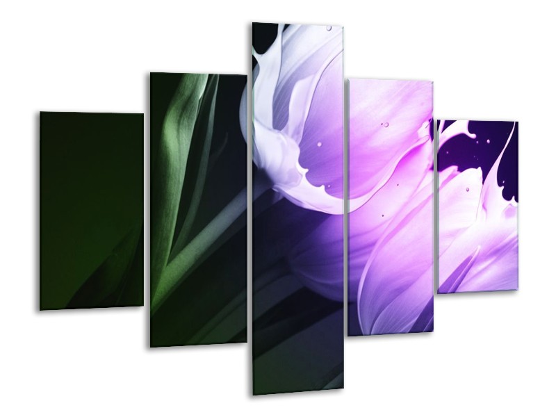 Canvas schilderij Tulp | Groen, Paars, Zwart | 100x70cm 5Luik