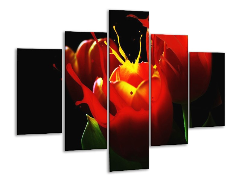 Canvas schilderij Tulp | Rood, Zwart, Groen | 100x70cm 5Luik