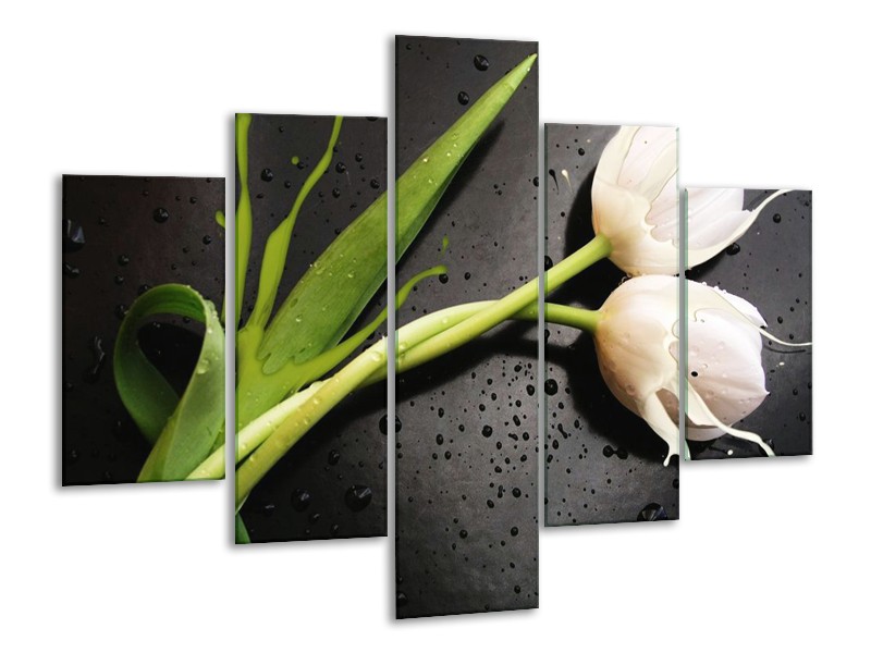 Canvas schilderij Tulp | Grijs, Groen, Wit | 100x70cm 5Luik