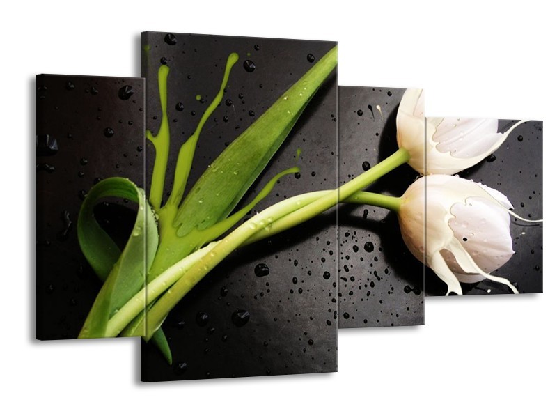 Canvas schilderij Tulp | Grijs, Groen, Wit | 120x75cm 4Luik