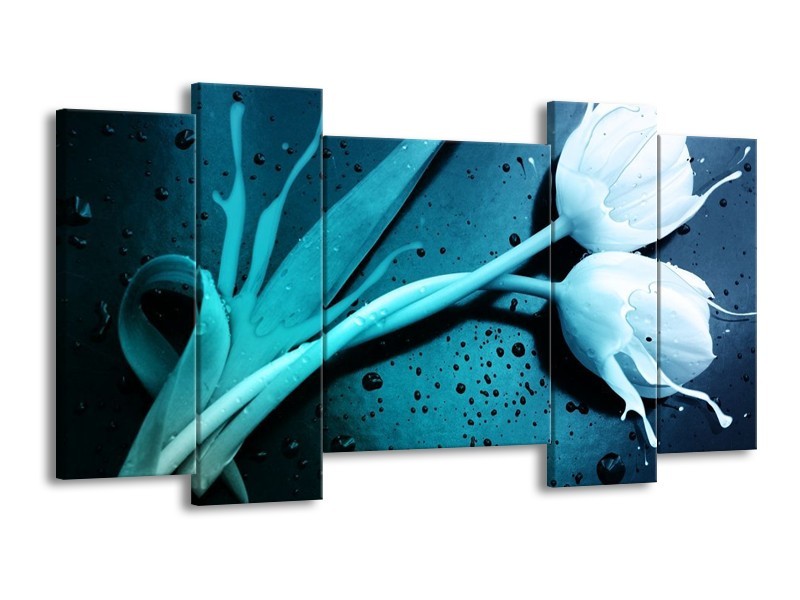 Canvas schilderij Tulp | Blauw, Wit | 120x65 5Luik