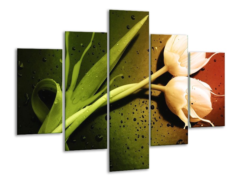 Canvas schilderij Tulp | Groen, Wit, Bruin | 100x70cm 5Luik