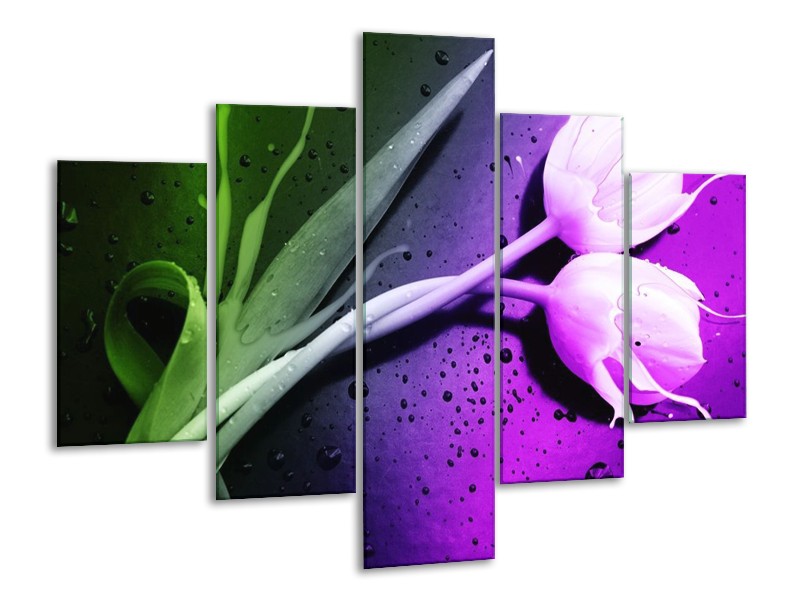 Canvas schilderij Tulp | Paars, Groen | 100x70cm 5Luik