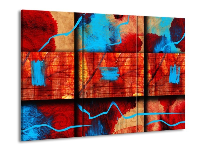 Canvas schilderij Abstract | Blauw, Oranje, Rood | 90x60cm 3Luik